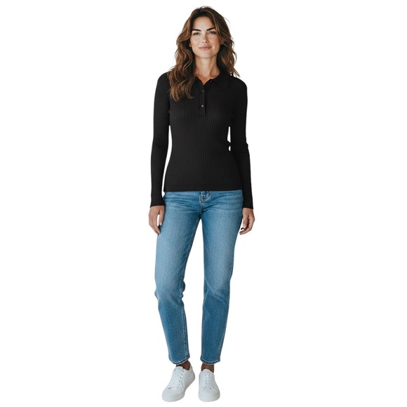 OFFICINE GENERALE DARK COFFEE JANA RIBBED SHINY VISCOSE POLO TOP - Picture 6 of 6